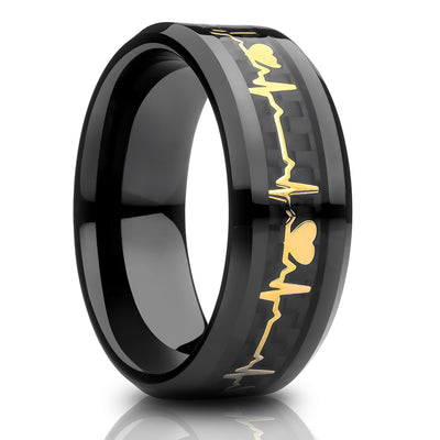 Heartbeat Tungsten Ring - Black Tungsten Ring - Engagement Ring - Tungsten Carbide Ring - Gold Ring