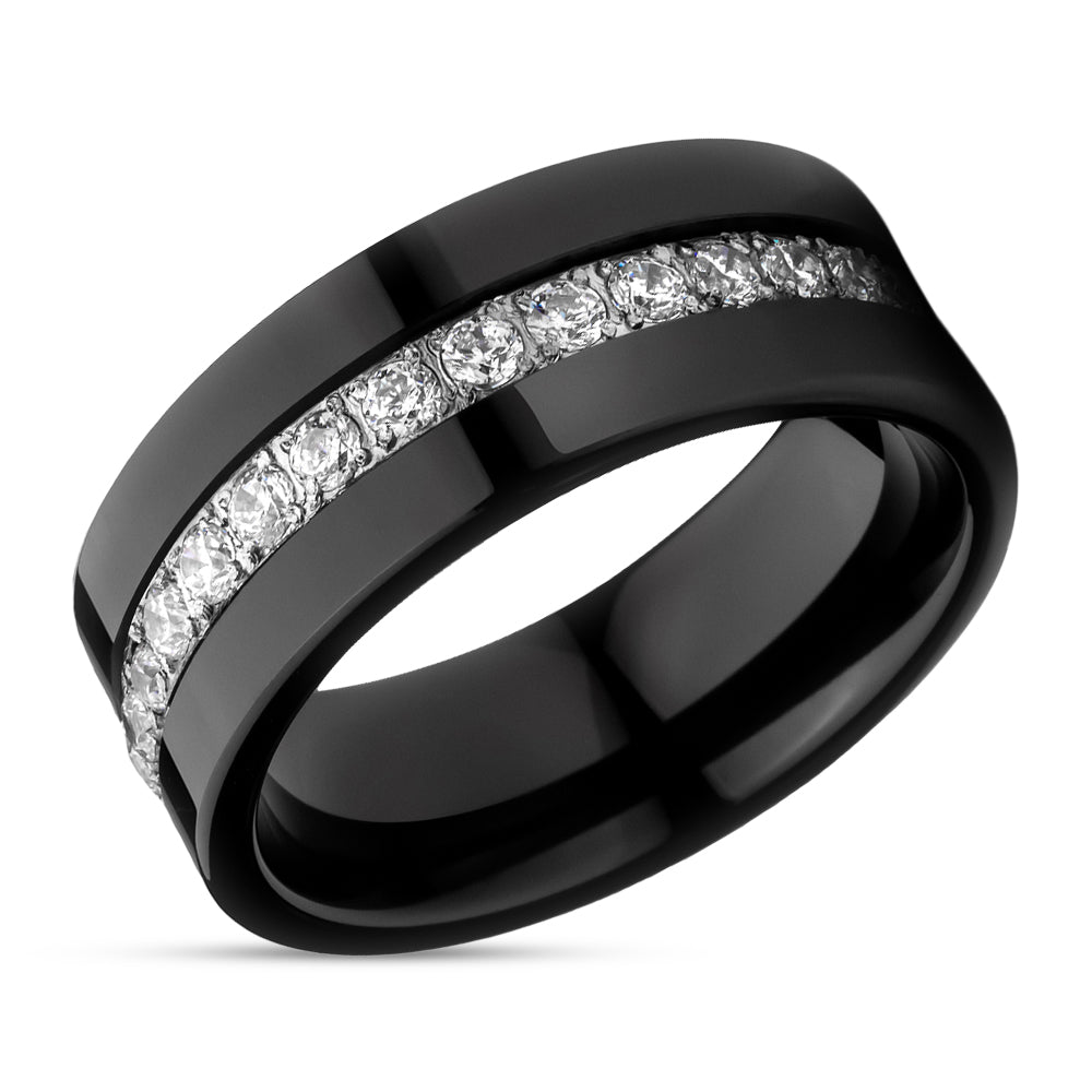 Man's Wedding Ring - CZ Wedding Ring - Black Tungsten Wedding Ring - 8mm Wedding Ring - White CZ