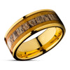 Deer Antler Wedding Ring - Yellow Gold Wedding Ring - Whiskey Barrel Inlay - Tungsten Carbide