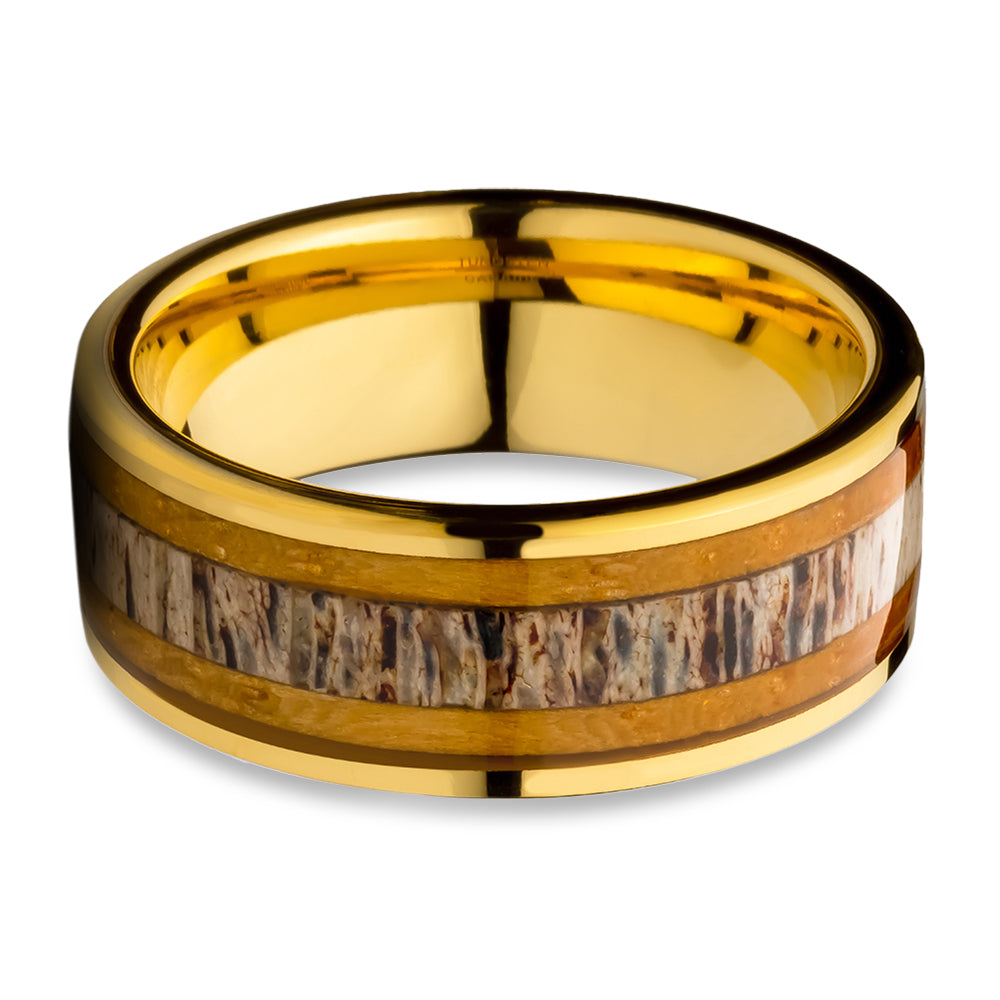 Deer Antler Wedding Ring - Yellow Gold Wedding Ring - Whiskey Barrel Inlay - Tungsten Carbide