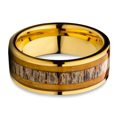 Deer Antler Wedding Ring - Yellow Gold Wedding Ring - Whiskey Barrel Inlay - Tungsten Carbide