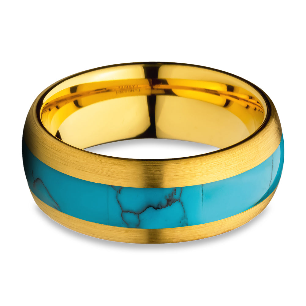 Turquoise Wedding Ring - Yellow Gold Tungsten Ring - Anniversary Ring - Engagement Ring