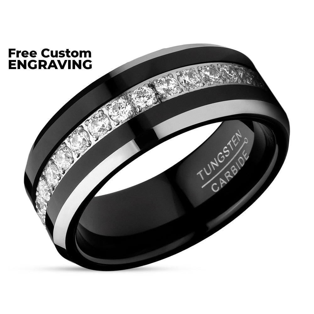 8mnm Black Tungsten Ring - CZ Wedding Ring - Tungsten Carbide Ring - Engagement Ring - Man's Ring