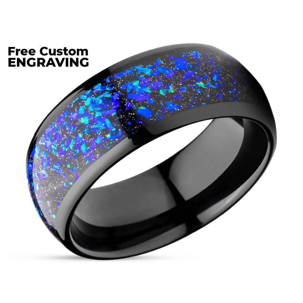 Galaxy Wedding Ring - Opal Wedding Ring - Black Tungsten Ring - 8mm Wedding Ring - Dome