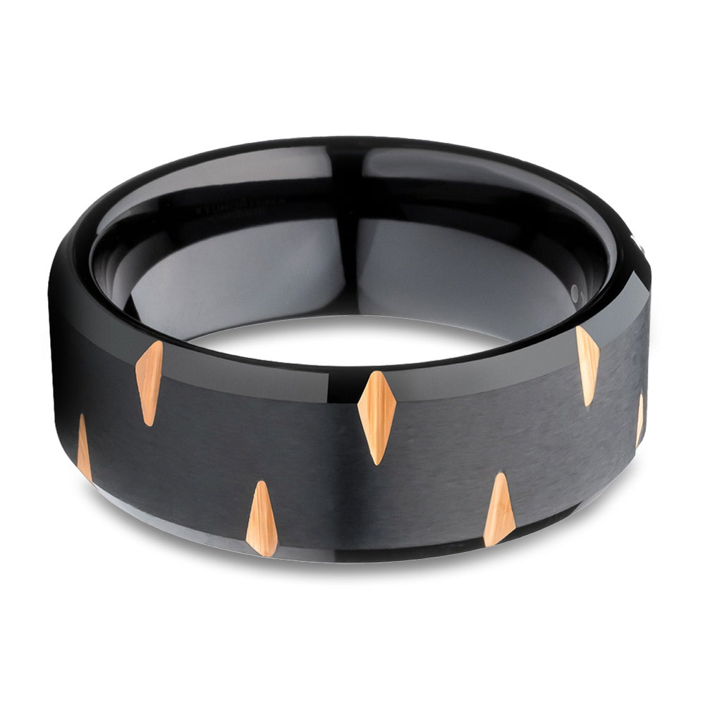 8mm Wedding Ring - Black Tungsten Ring - Engagement Ring - Rose Gold Ring - Beveled Edges