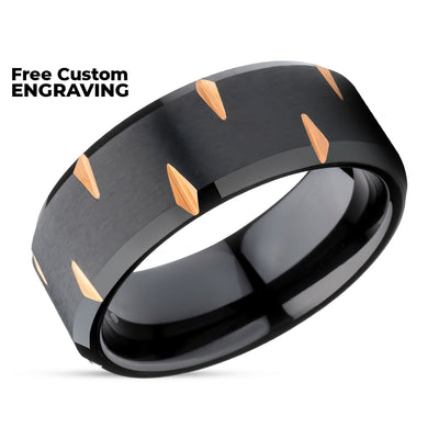 8mm Wedding Ring - Black Tungsten Ring - Engagement Ring - Rose Gold Ring - Beveled Edges