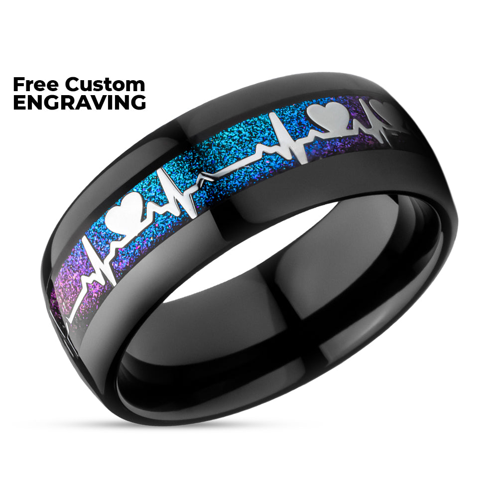 Heartbeat Wedding Ring - Black Tungsten Ring - Engagement Ring - Tungsten Carbide Ring - 8mm Ring