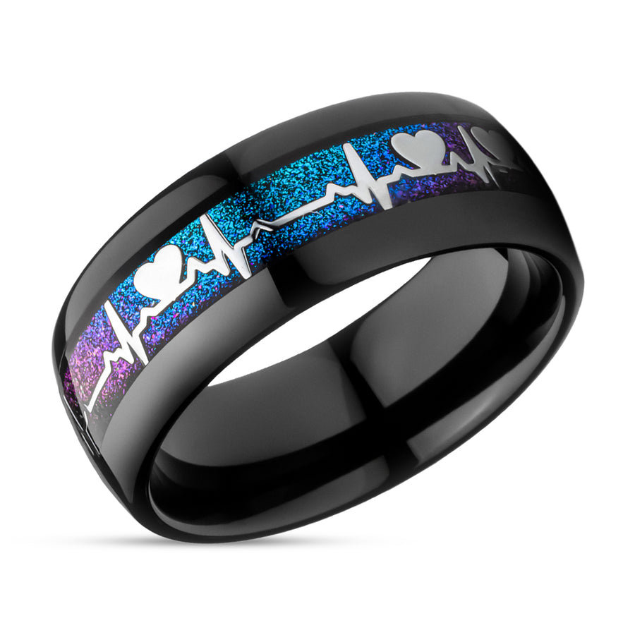 Heartbeat Wedding Ring - Black Tungsten Ring - Engagement Ring - Tungsten Carbide Ring - 8mm Ring