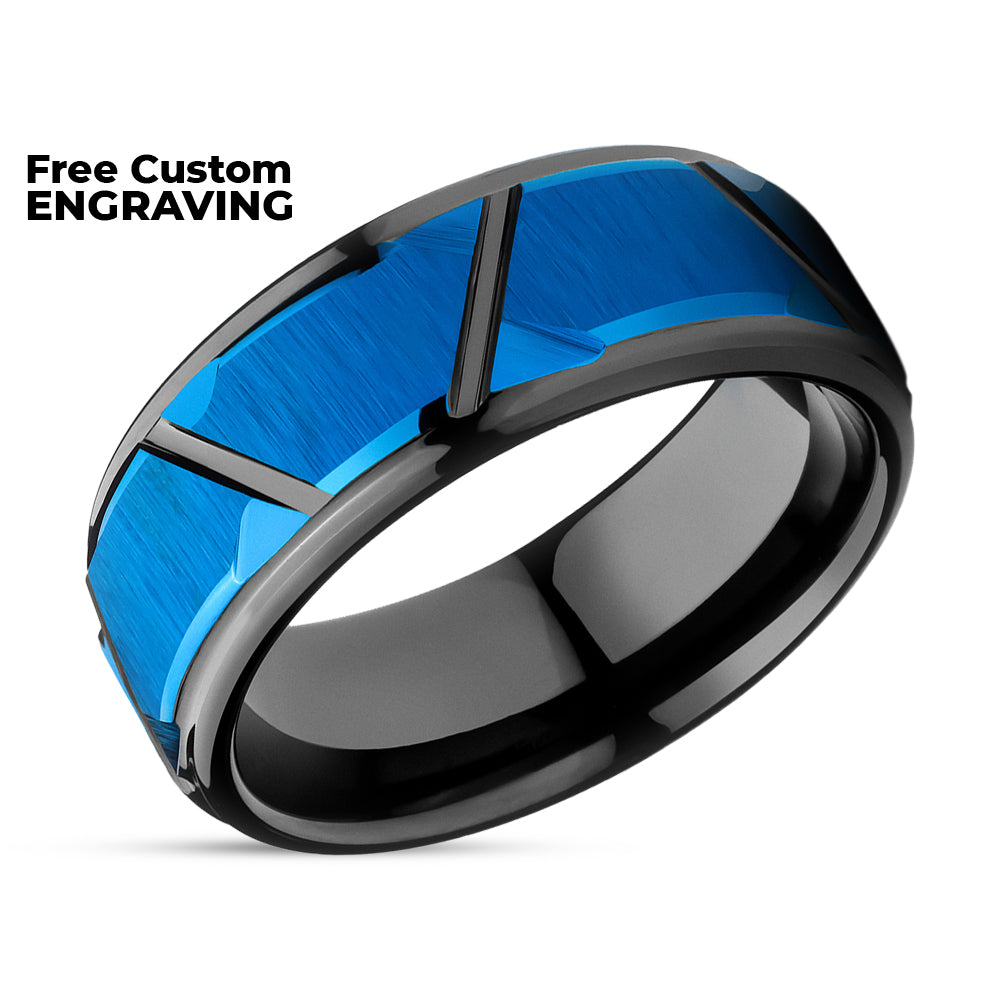 8mm Wedding Ring - Blue Tungsten Ring - Diamond Cut Wedding Ring - Unique Wedding Ring - Black
