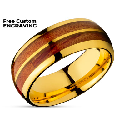 Koa Wood Wedding Ring - Yellow Gold Ring - Engagement Ring - Tungsten Carbide Ring - 8mm Ring