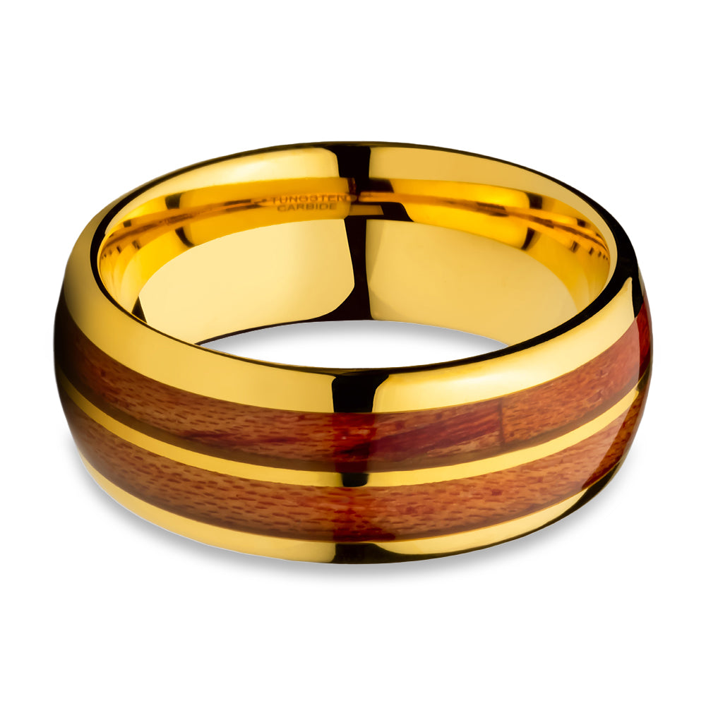 Koa Wood Wedding Ring - Yellow Gold Ring - Engagement Ring - Tungsten Carbide Ring - 8mm Ring