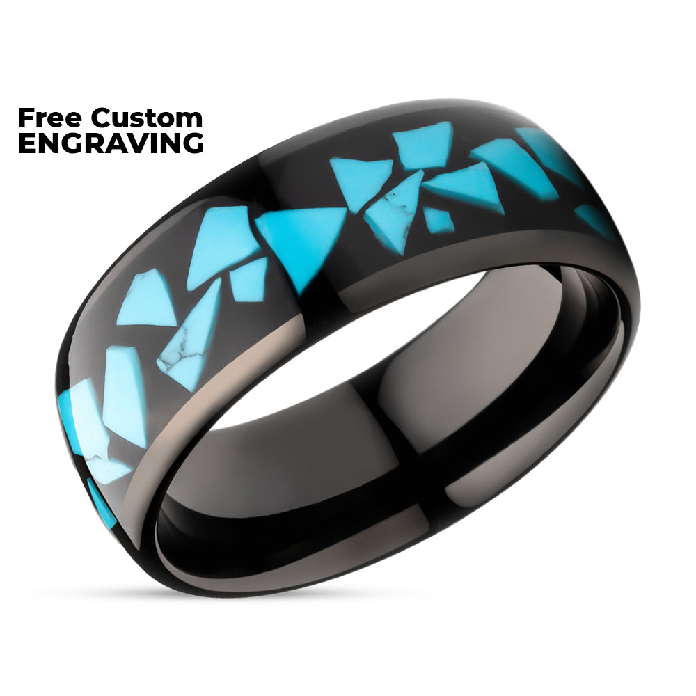 Turquoise Wedding Ring - 8mm Wedding Ring - Dome Wedding Ring - Tungsten Carbide Ring - Black