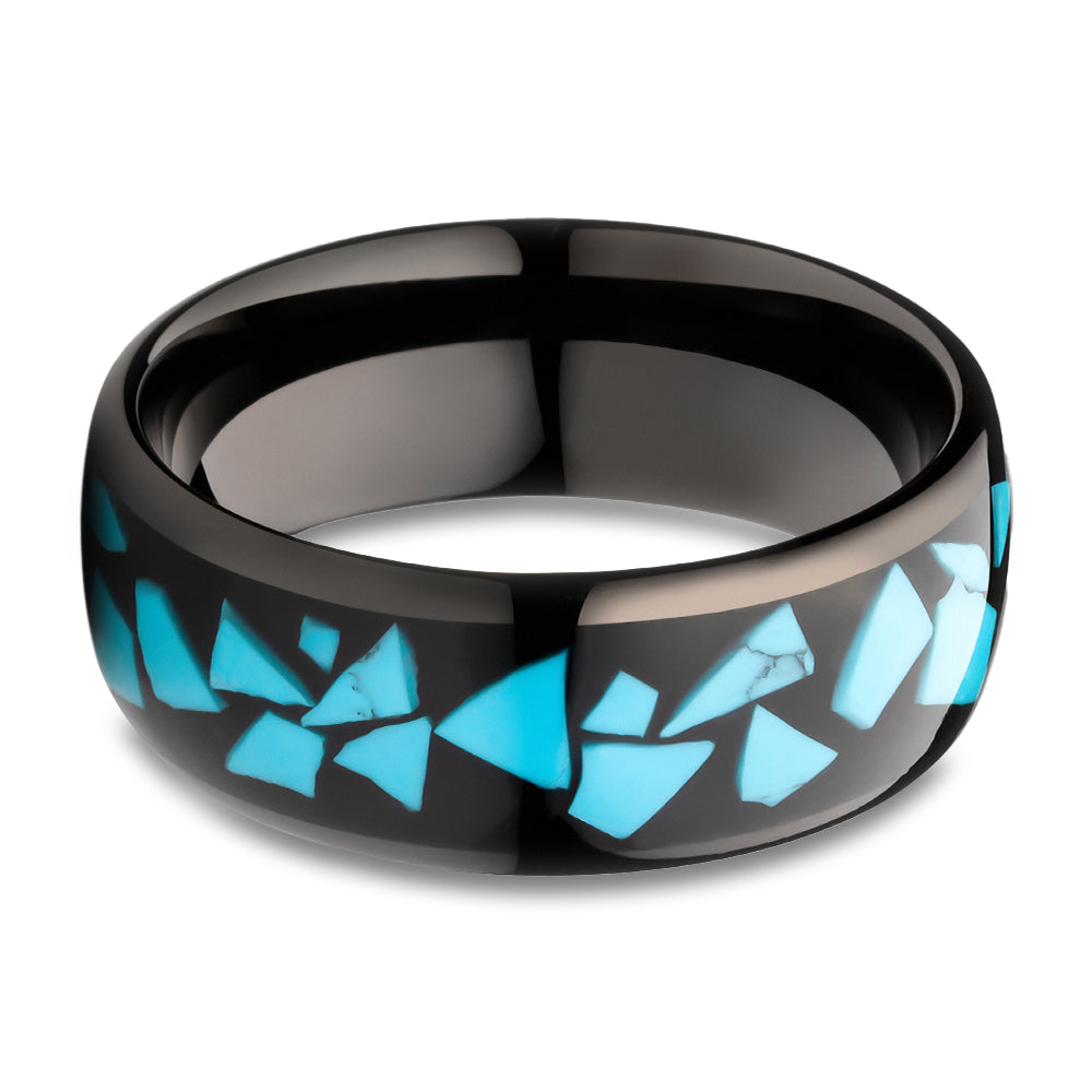 Turquoise Wedding Ring - 8mm Wedding Ring - Dome Wedding Ring - Tungsten Carbide Ring - Black