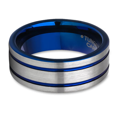 Blue Tungsten Wedding Ring - 8mm Wedding Ring - Tungsten Carbide Ring - Blue Wedding Ring