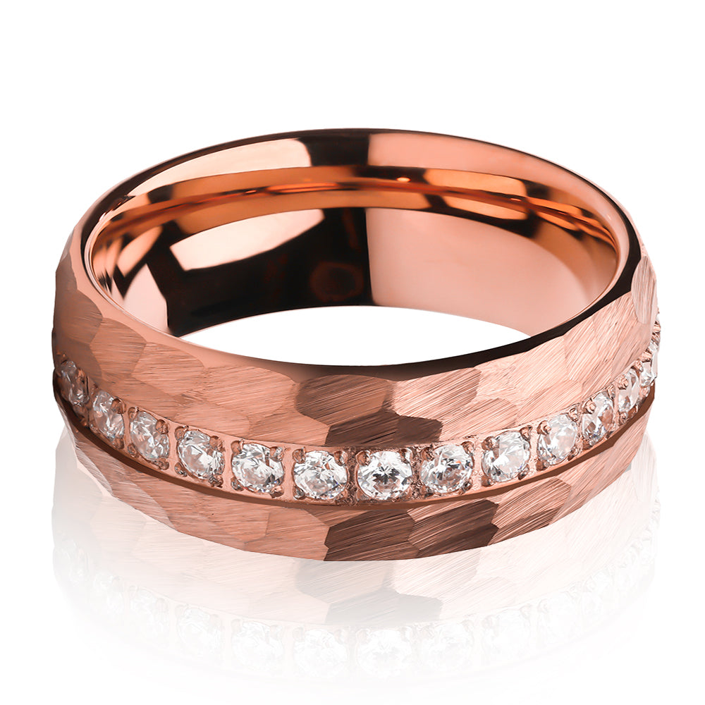 Rose Gold Wedding Ring - 8mm Wedding Ring - CZ Wedding Ring - Man's Ring - Hammered