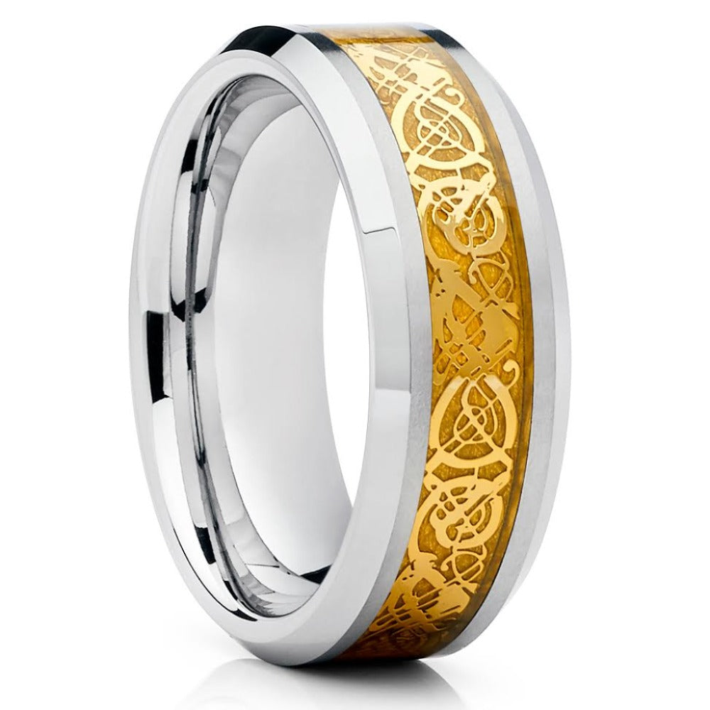 Tungsten Wedding Band - Dragon Ring - Tungsten Wedding Ring - Yellow Gold - Clean Casting Jewelry