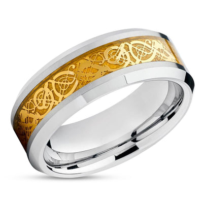 Tungsten Wedding Band - Dragon Ring - Tungsten Wedding Ring - Yellow Gold Ring