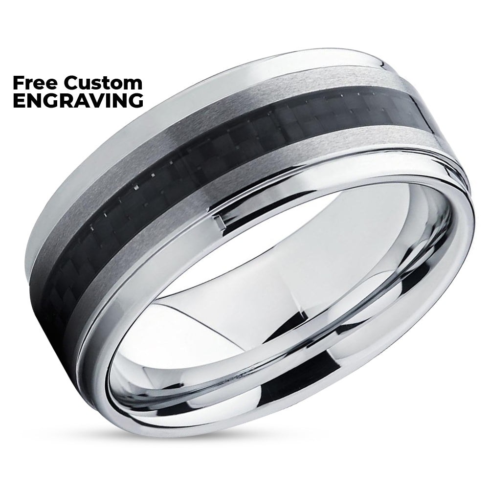 Tungsten Wedding Band - Carbon Fiber Ring - Silver Tungsten Band - Carbon Fiber Ring