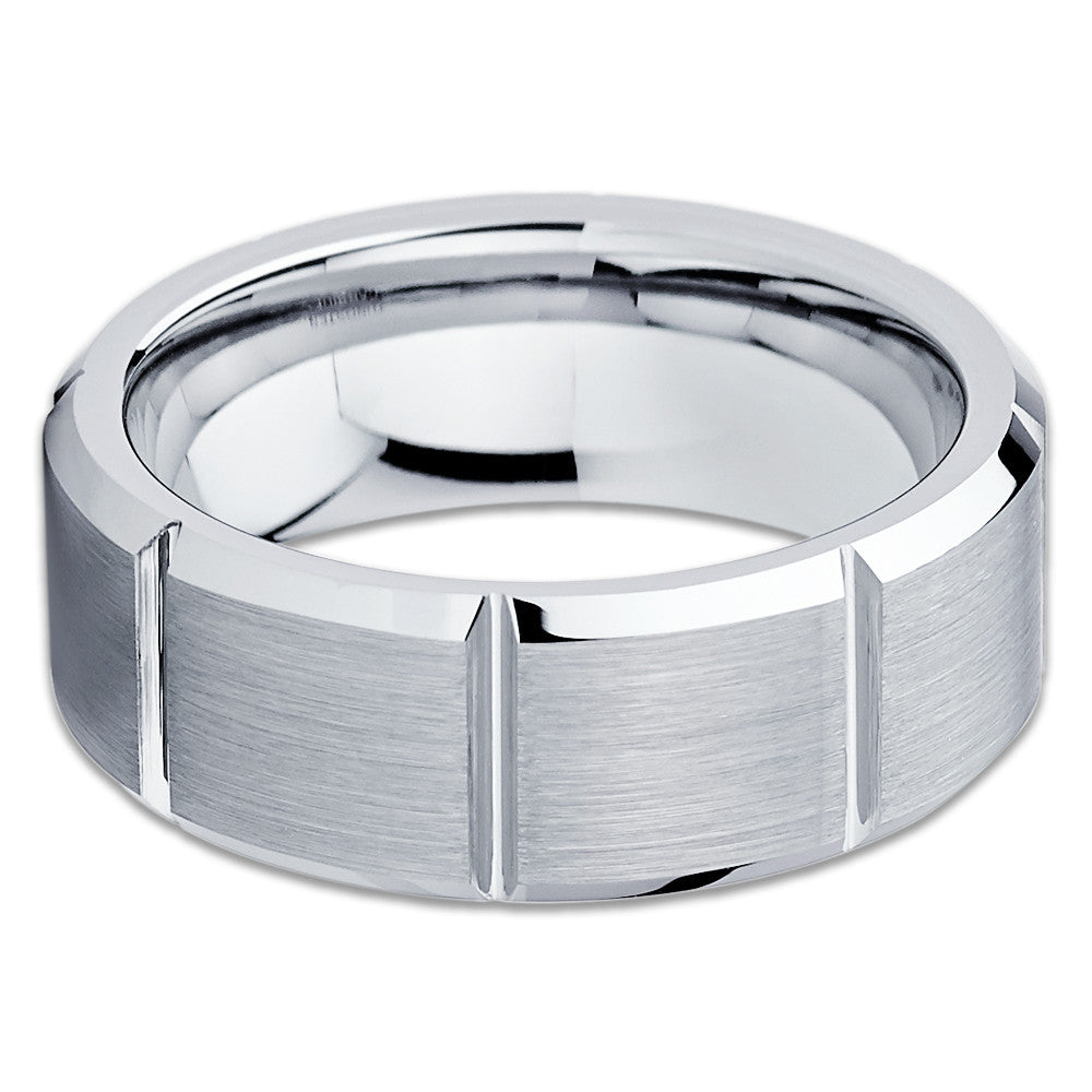 Silver Tungsten Ring - Grooved Tungsten - Gray Tungsten Band - 8mm - Clean Casting Jewelry