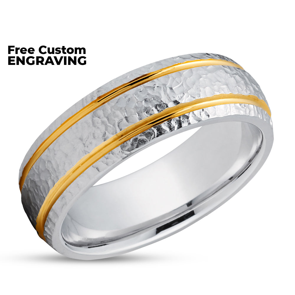 Hammered Wedding Ring - Yellow Gold Wedding Ring - 14K - Dome Wedding Ring - White Gold