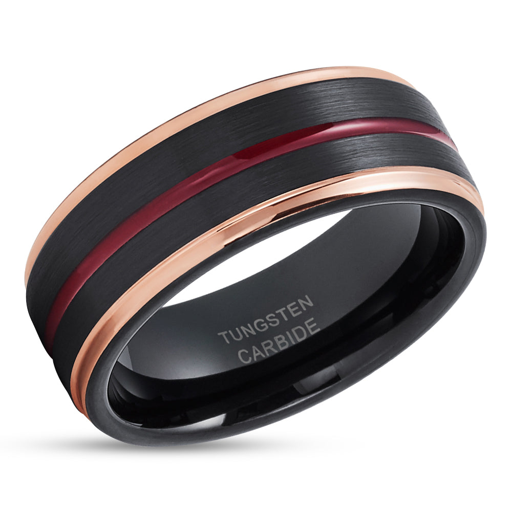 Maroon Wedding Ring - Black Tungsten Wedding Band - Rose Gold Ring - Wedding Ring