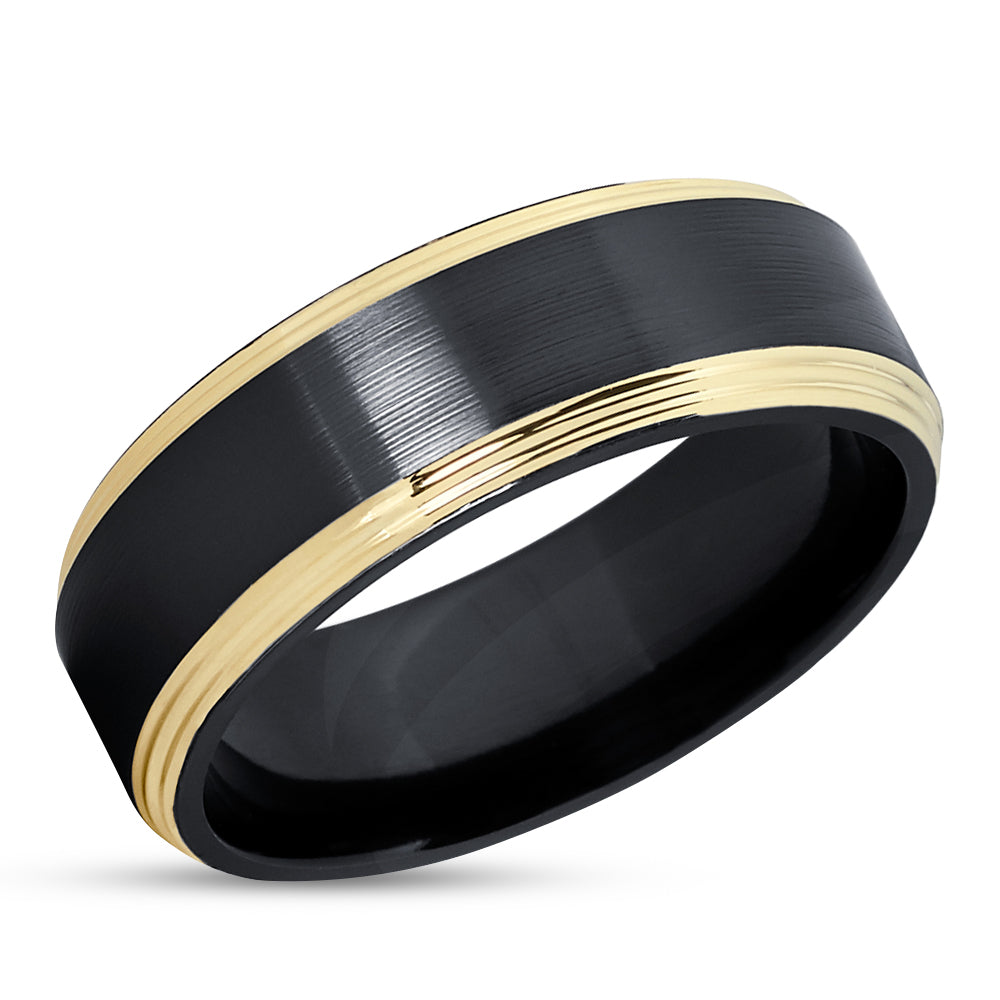 Black Zirconium Wedding Ring - Yellow Gold Wedding Band - 14k Yellow Gold - Black Ring