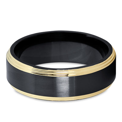 Black Zirconium Wedding Ring - Yellow Gold Wedding Band - 14k Yellow Gold - Black Ring