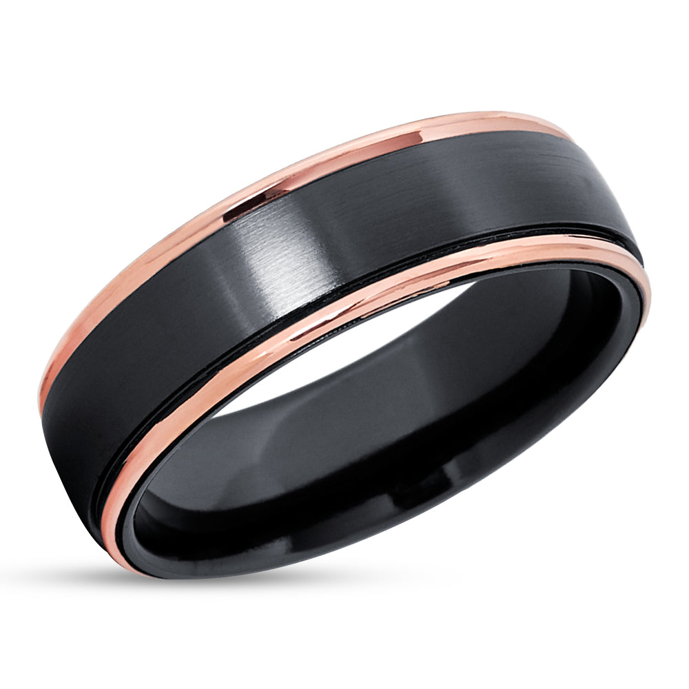 Black Zirconium Wedding Ring - Rose Gold Wedding Ring - Black Zirconium Ring - 14k