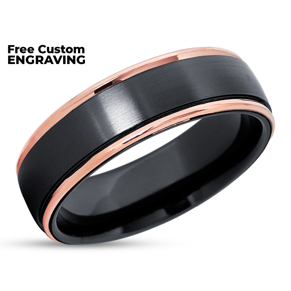 Black Zirconium Wedding Ring - Rose Gold Wedding Ring - Black Zirconium Ring - 14k