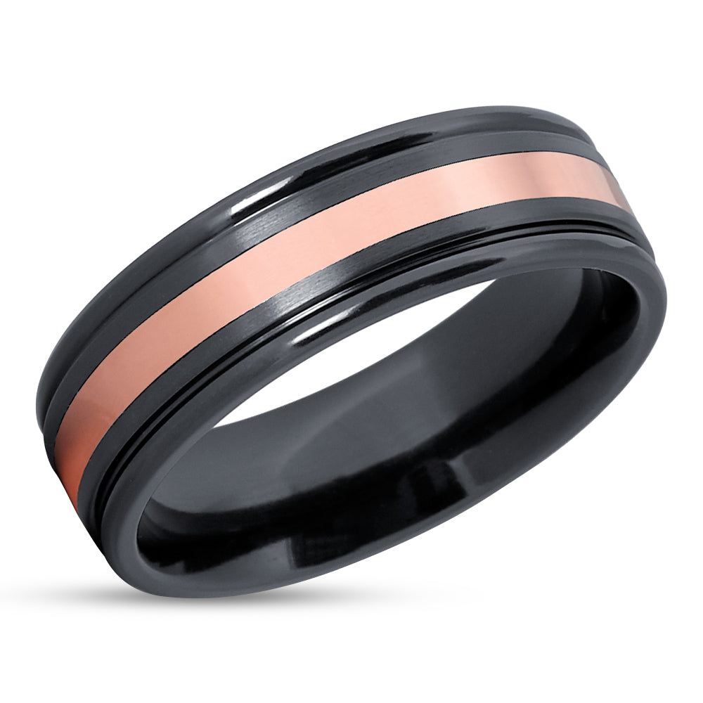 Rose Gold Wedding Ring - Black Zirconium Ring - Black Wedding Band - 14k Rose Gold