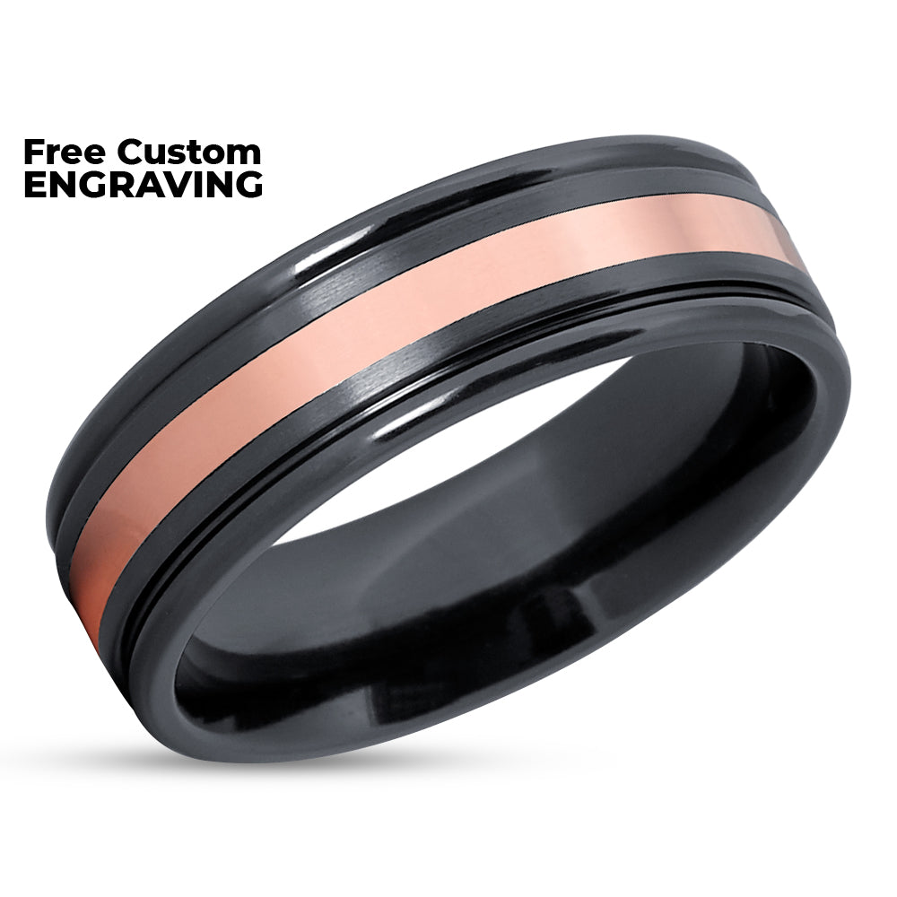 Rose Gold Wedding Ring - Black Zirconium Ring - Black Wedding Band - 14k Rose Gold