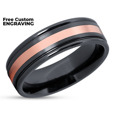 Rose Gold Wedding Ring - Black Zirconium Ring - Black Wedding Band - 14k Rose Gold