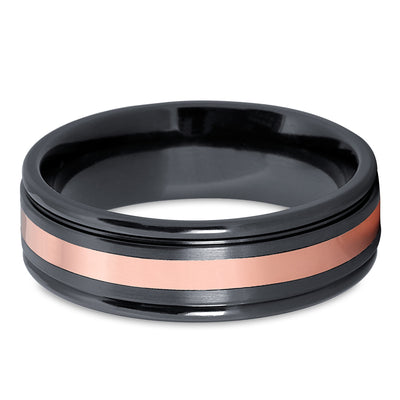 Rose Gold Wedding Ring - Black Zirconium Ring - Black Wedding Band - 14k Rose Gold