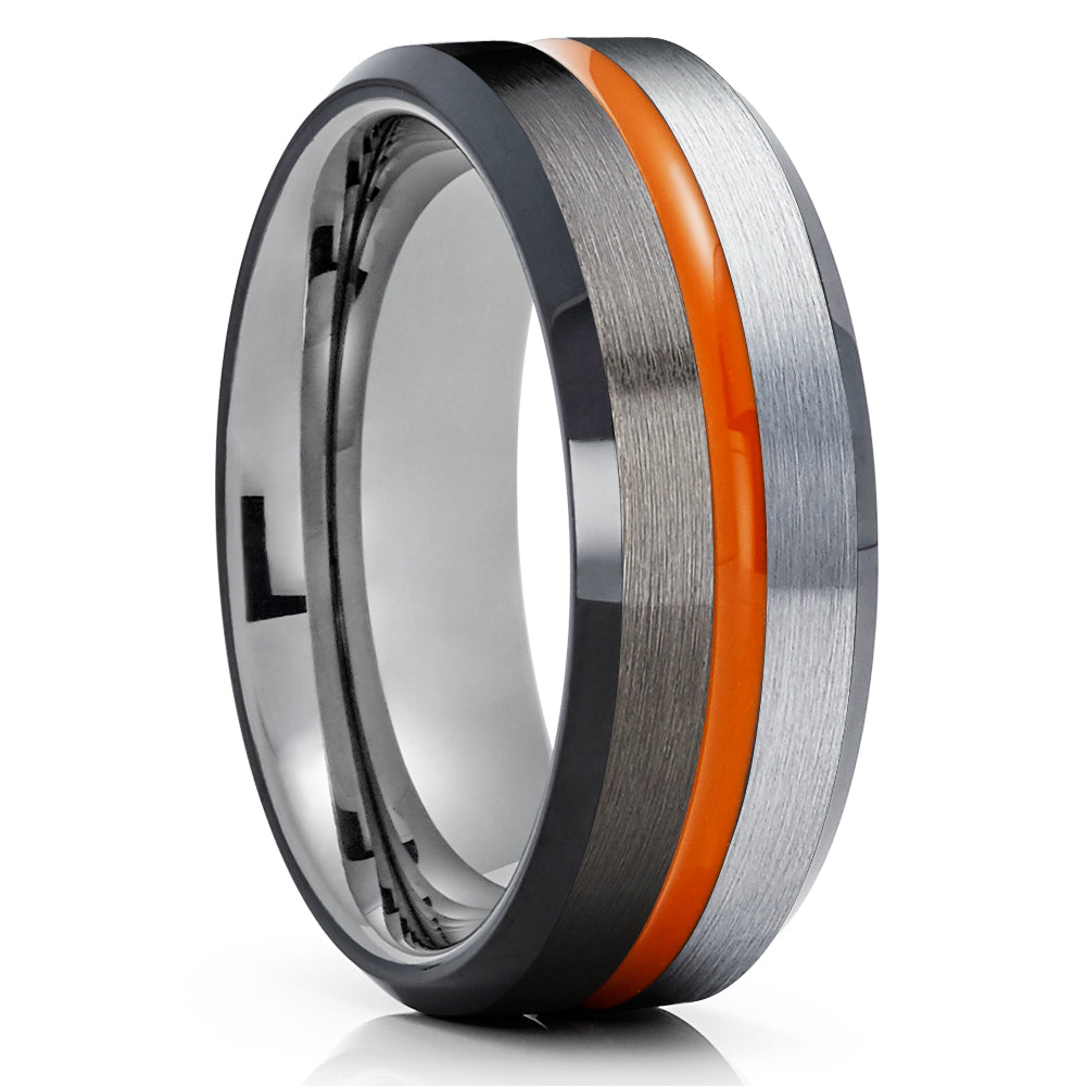 Gunmetal Tungsten Wedding Ring - Orange Tungsten Ring - Black Tungsten Ring - Brush