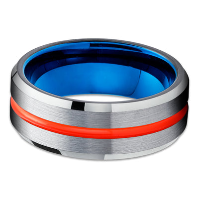 Blue Tungsten Wedding Band - Orange Tungsten Ring - Orange Wedding Ring - Silver