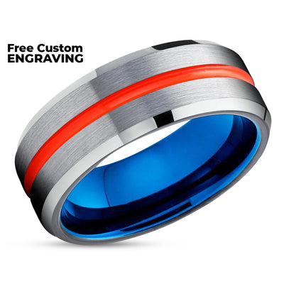 Blue Tungsten Wedding Band - Orange Tungsten Ring - Orange Wedding Ring - Silver