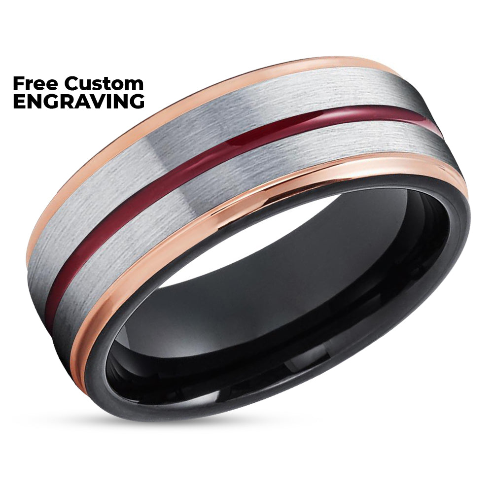 Maroon Wedding Band - Rose Gold Tungsten Ring - 8mm Black Tungsten Ring - Brush