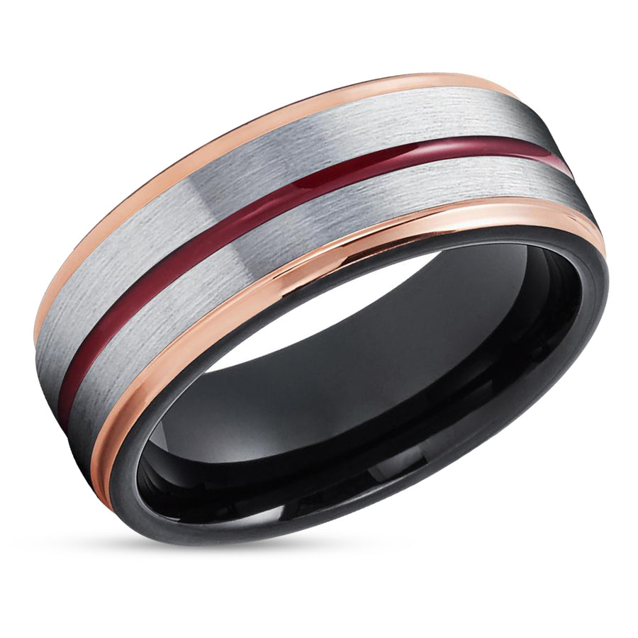 Maroon Wedding Band - Rose Gold Tungsten Ring - 8mm Black Tungsten Ring - Brush