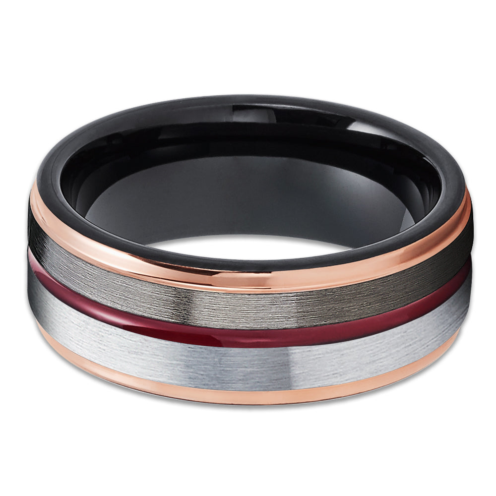 Maroon Wedding Band - Rose Gold Tungsten Ring - 8mm Black Tungsten Ring - Gunmetal