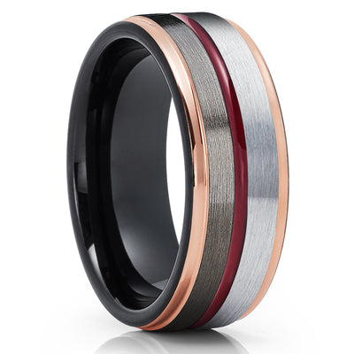 Maroon Wedding Band - Rose Gold Tungsten Ring - 8mm Black Tungsten Ring - Gunmetal