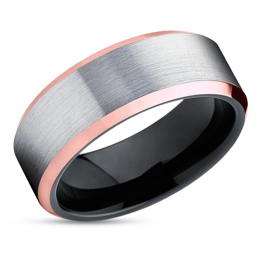 Tungsten Ring - Black Wedding Ring - Rose Gold Tungsten - Black Ring - Silver