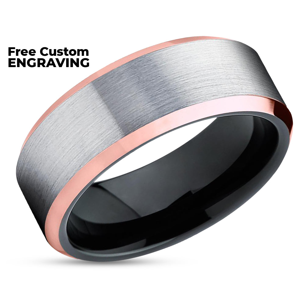 Tungsten Ring - Black Wedding Ring - Rose Gold Tungsten - Black Ring - Silver