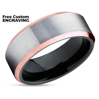 Tungsten Ring - Black Wedding Ring - Rose Gold Tungsten - Black Ring - Silver