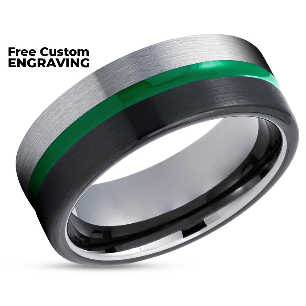 Green Wedding Ring - Green Tungsten Wedding Band - Tungsten Wedding Ring - Black