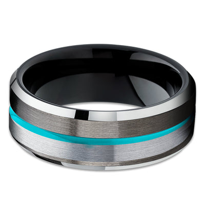 Silver Tungsten Ring - Turquoise Tungsten Wedding Band - Gunmetal Tungsten Ring - Brush