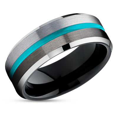 Silver Tungsten Ring - Turquoise Tungsten Wedding Band - Gunmetal Tungsten Ring - Brush