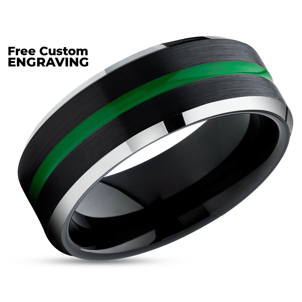 Green Tungsten Ring - Black Tungsten Wedding Band - Green Tungsten Ring - Black Ring