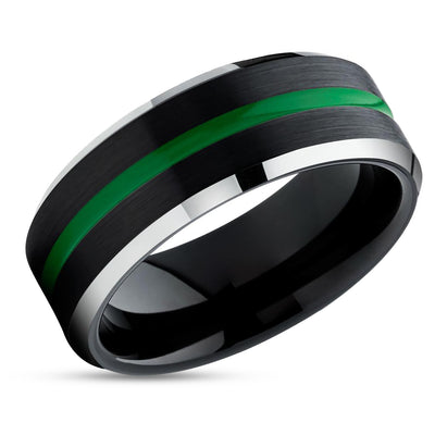 Green Tungsten Ring - Black Tungsten Wedding Band - Green Tungsten Ring - Black Ring