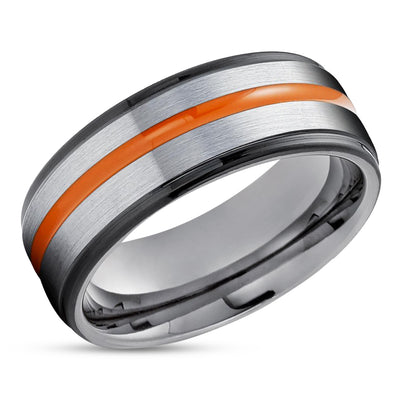 Orange Wedding Band - Gunmetal Tungsten Ring - Orange Wedding Ring - Black Ring