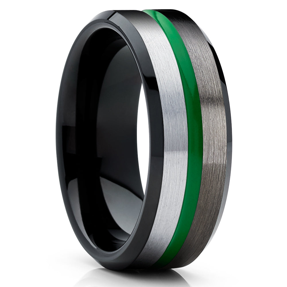 Green Tungsten Ring - Green Tungsten Wedding Ring - Gunmetal Tungsten Ring - Brush